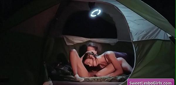  Horny natural big tit lesbian hot babes Gianna Dior, Shyla Jennings eating pussy in a tent while camping at night